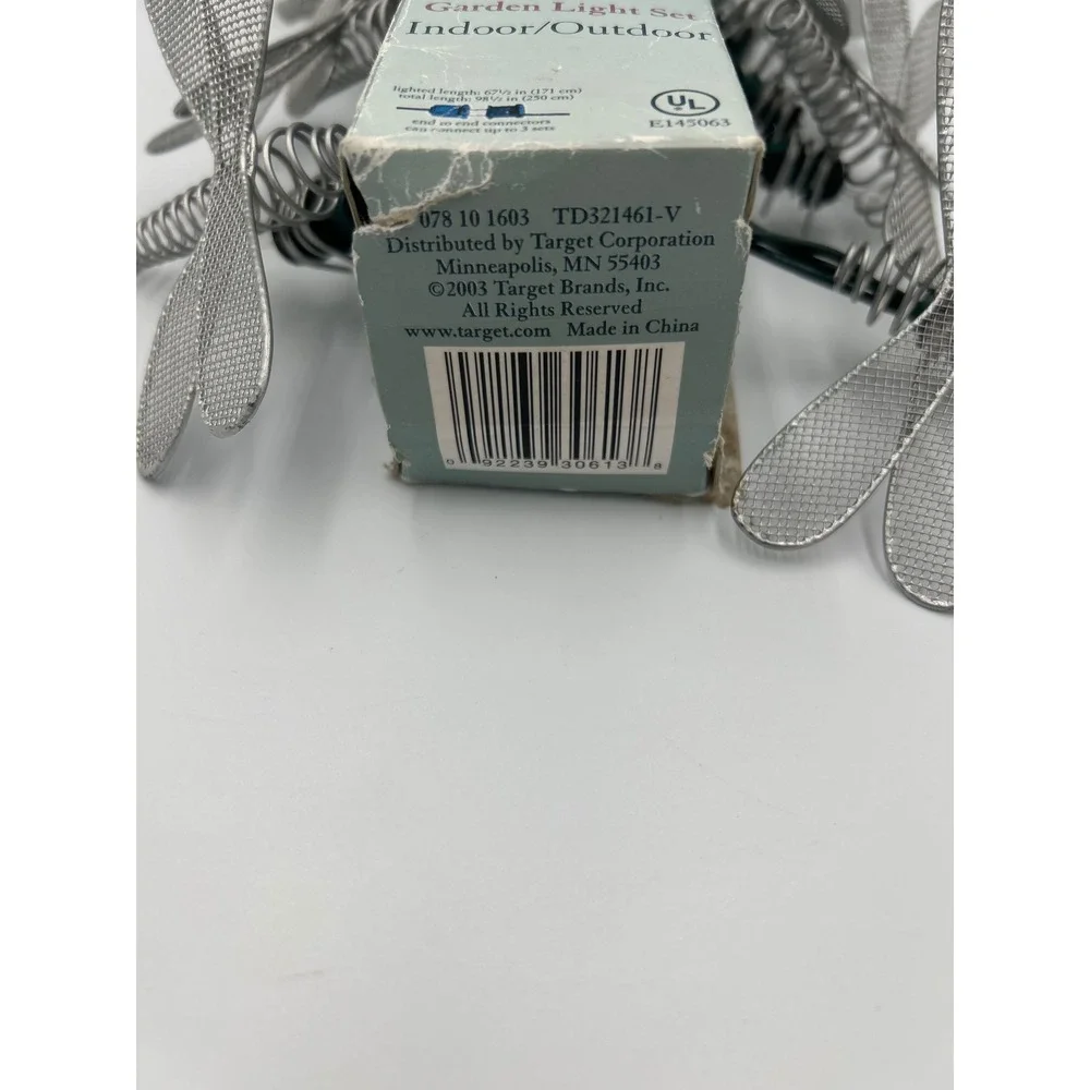 Vintage Dragonfly Garden Light Set 10 String Lights Silver Mesh Metal Indoor Out